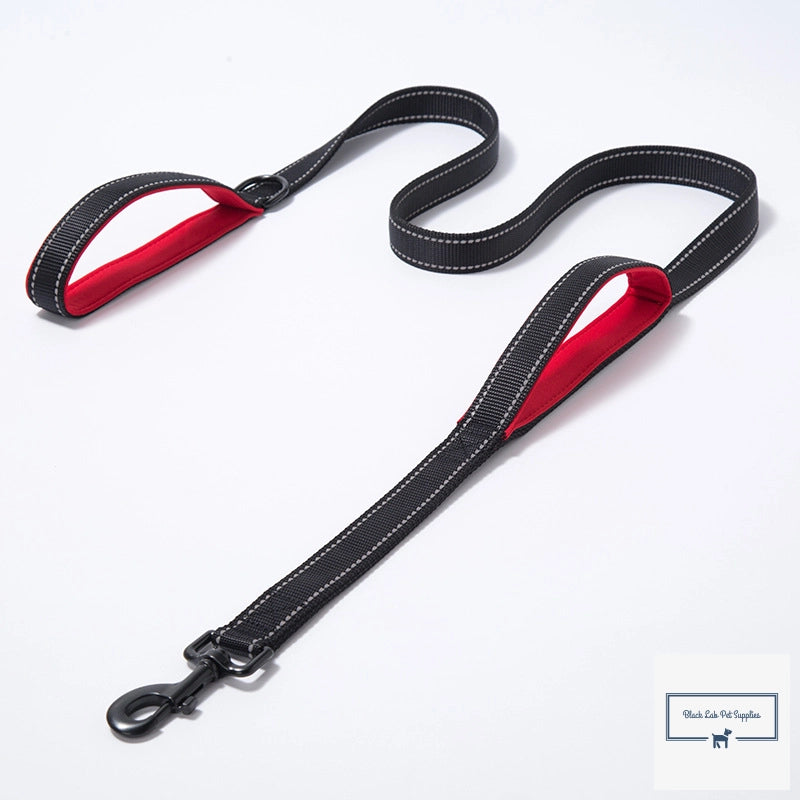 Heavy duty double handle dog leash in use